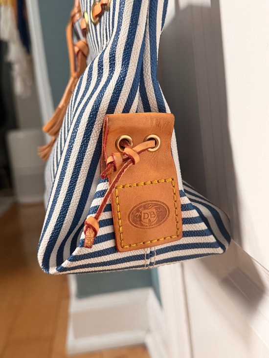 Striped Navy and White Tote with Tan Leather Trim - Picture 3 of 3